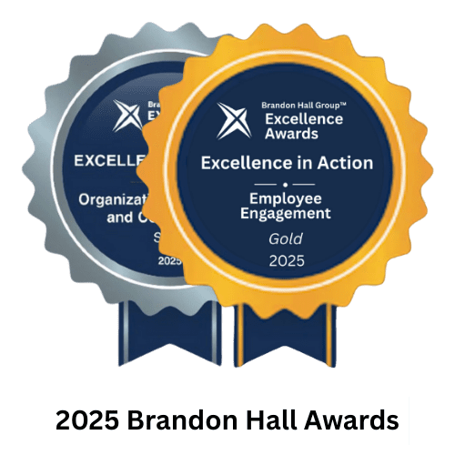 Image shows a gold Brandon hall award for employee engagement on top of a silver Brandon hall award for organizational development for the 2025 calendar year in the category of excellence in action.