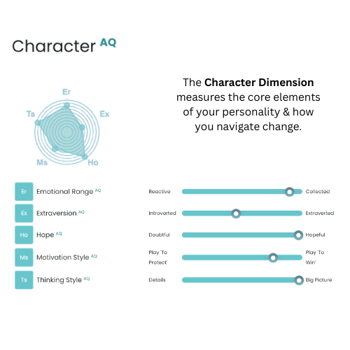 An infographic titled Character AQ, which describes the personality traits that influence how an individual navigates change. Main Visual: A teal radar chart at the top left illustrates the balance between five traits: Er, Ex, Ho, Ms, and Ts. Definition: Text states the Character Dimension "measures the core elements of your personality & how you navigate change". Trait Sliders: Five horizontal scales show specific personality leanings: Emotional Range (Er): Positioned heavily toward Collected (away from Reactive). Extraversion (Ex): Positioned in the center, balanced between Introverted and Extraverted. Hope (Ho): Positioned at the far right end for Hopeful (away from Doubtful). Motivation Style (Ms): Positioned toward Play 'To Win' (away from Play 'To Protect'). Thinking Style (Ts): Positioned at the far right end for Big Picture (away from Details).