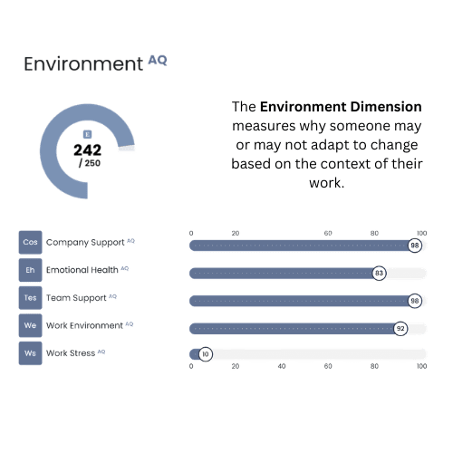 An infographic titled "Environment AQ," which displays a high Adaptability Quotient (AQ) score and its contributing factors. The top left features a circular gauge showing a score of 242 / 250. To the right, text defines the Environment Dimension as a measure of "why someone may or may not adapt to change based on the context of their work." Below, five horizontal bar charts represent specific sub-dimensions on a scale of 0 to 100: Company Support: 98 Emotional Health: 83 Team Support: 98 Work Environment: 92 Work Stress: 10 (indicating very low stress)