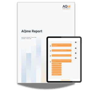 An image displaying a physical "AQme Report" with a digital tablet placed in front of it. Physical Report: The report is a multi-page document. The cover features the title "AQme Report" in large text and the "AQai Adaptability Assessments" logo. Below the title, it lists the "Assessment completed" and "Generated" dates. The cover background includes a series of vertical translucent light blue bars. Digital Tablet: The tablet screen shows a user interface with an avatar. It displays several chat bubbles or question prompts on an orange background. Below the final text prompt, which reads, "If you make a mistake on this team or group it is often held against you," is a series of stacked, light orange answer buttons numbered 1 through 7. Button 1 is labeled "Strongly Disagree" and button 7 is labeled "Strongly Agree". There are user profile icons and edit icons on the right side of each chat bubble.