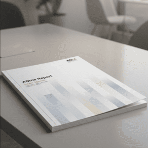 Image shows an AQme report on a white table with the label of "Sample Report" on the cover