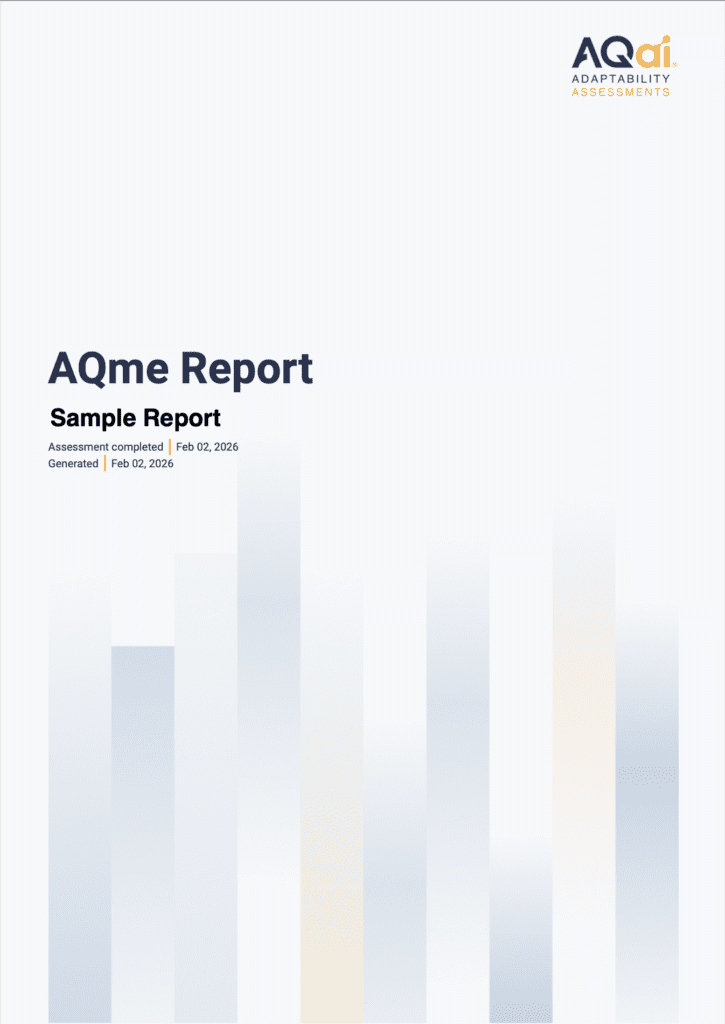 Image shows a cover page for a sample AQme report which measures adaptability intelligence.