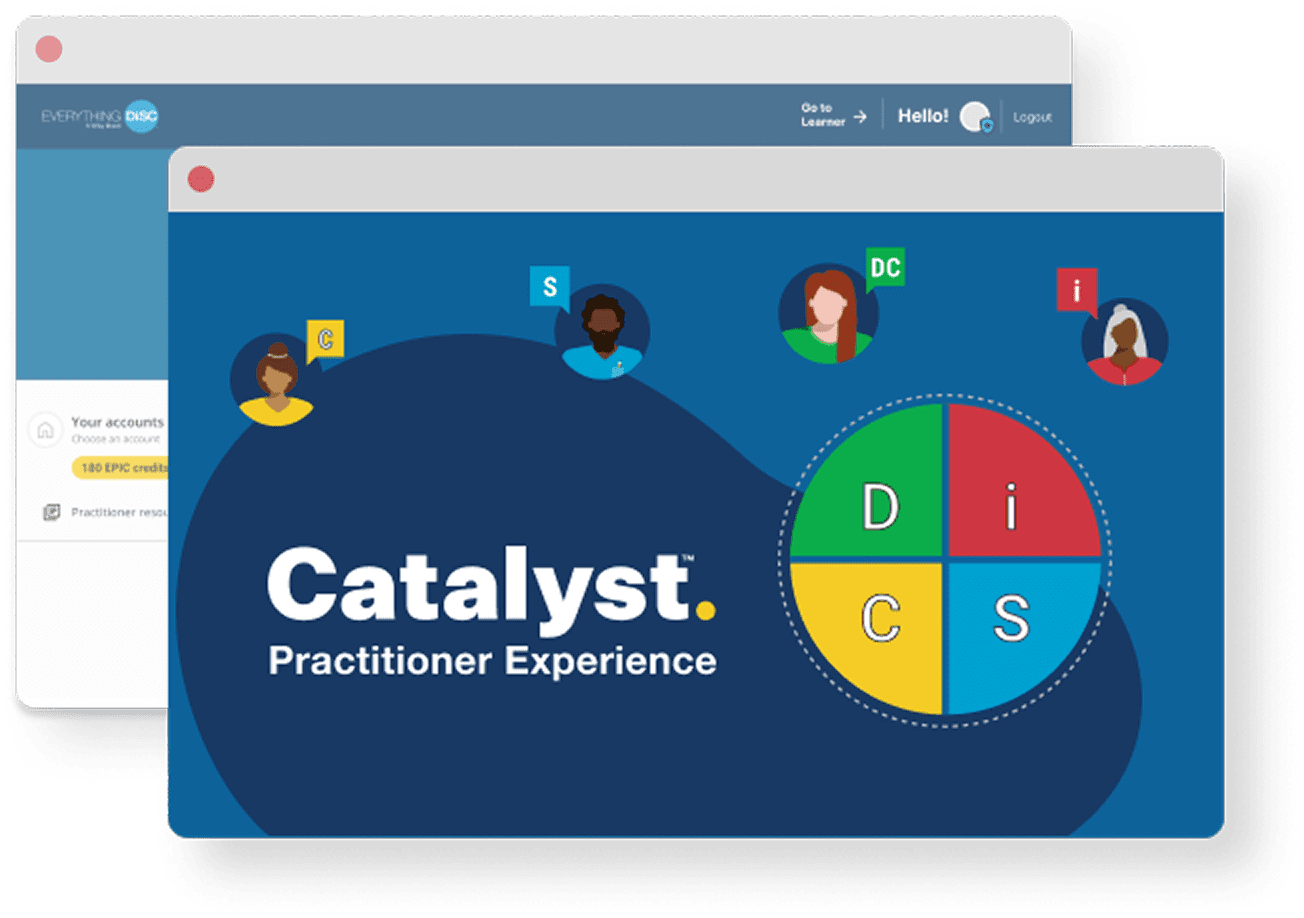 Image shows a web browser with a logo of the Catalyst Practitioner experience on a blue background. It includes the DiSC Circle graph along with small head shots of cartoon people placed throughout the screen.