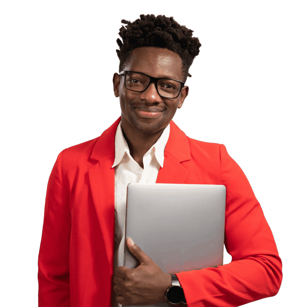Image shows a man in a bright red jacket with a white dress shirt holding a tablet.