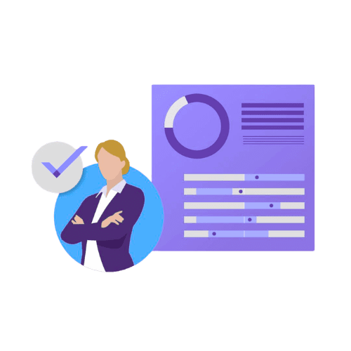 Image shows a woman crossing her arms with a check mark next to her. Behind her is a report with a circle and line graph. There are no words, just shapes representing a selection report.