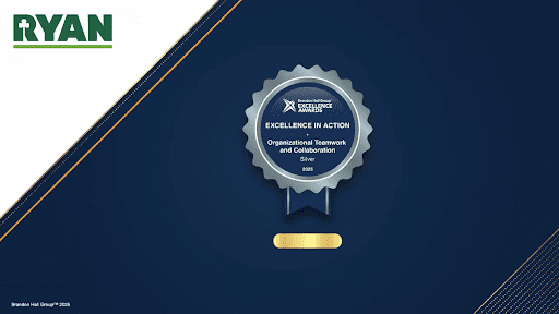 Image shows a certificate indicating Ryan Companies won a Brandon Hall award. At the top left of the image is Ryan companies logo. In the center is a silver Brandon Hall Award for Excellence in Action in the category of Organizational Teamwork and Collaboration for 2025.