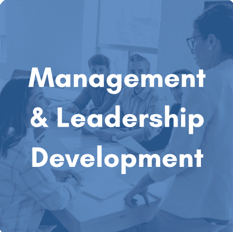 Image shows a picture of a person leading a meeting in an office. The image is darken with a blue hue and the words "Management & Leadership Development" are overlayed on the photo.