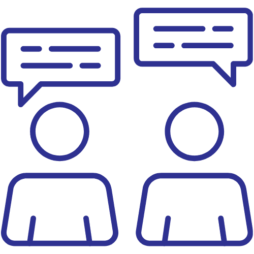 Image shows two cartoon people with text bubbles above their heads.